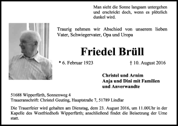 Anzeige von Friedel Brüll von Kölner Stadt-Anzeiger / Kölnische Rundschau / Express