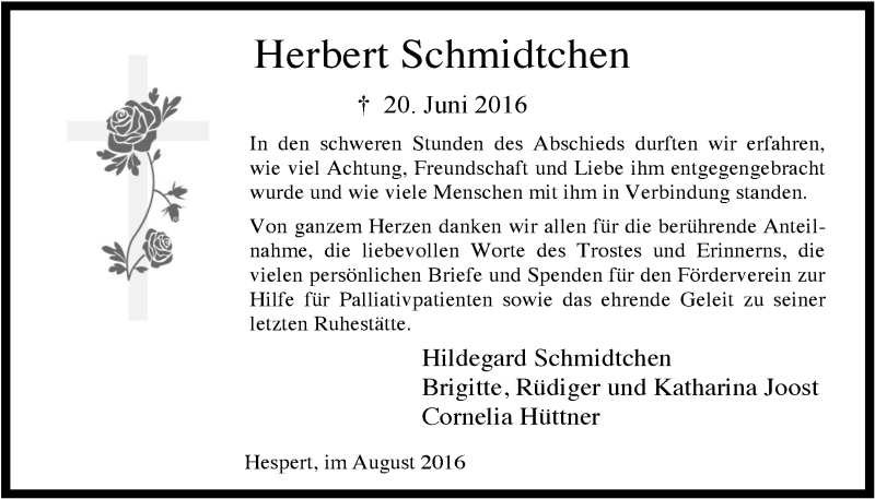  Traueranzeige für Herbert Schmidtchen vom 17.08.2016 aus  Anzeigen Echo 