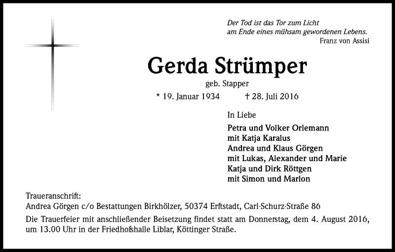  Traueranzeige für Gerda Strümper vom 03.08.2016 aus Kölner Stadt-Anzeiger / Kölnische Rundschau / Express