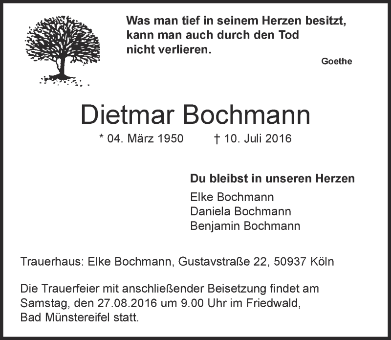  Traueranzeige für Dietmar Bochmann vom 17.08.2016 aus  Werbepost 