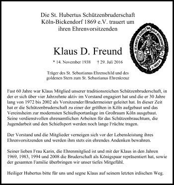 Anzeige von Klaus D. Freund von Kölner Stadt-Anzeiger / Kölnische Rundschau / Express