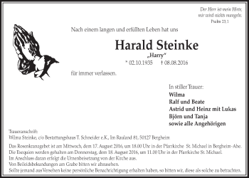 Anzeige von Harald Steinke von  Sonntags-Post 