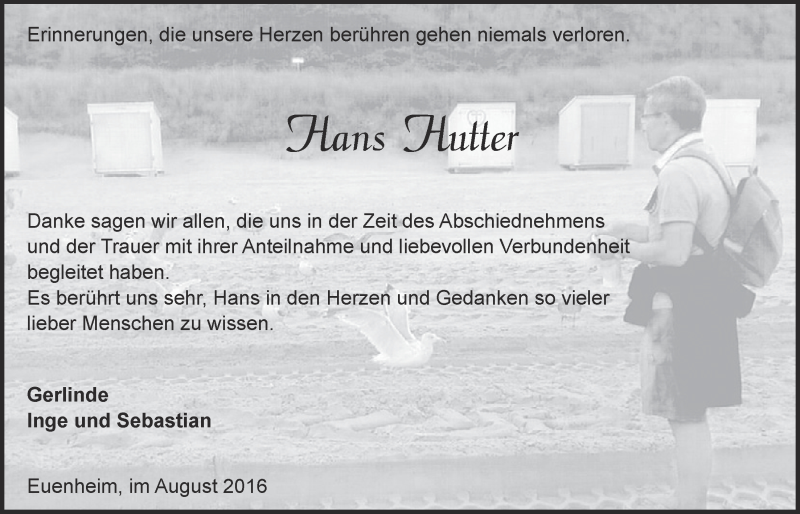  Traueranzeige für Hans Hutter vom 13.08.2016 aus  Blickpunkt Euskirchen 