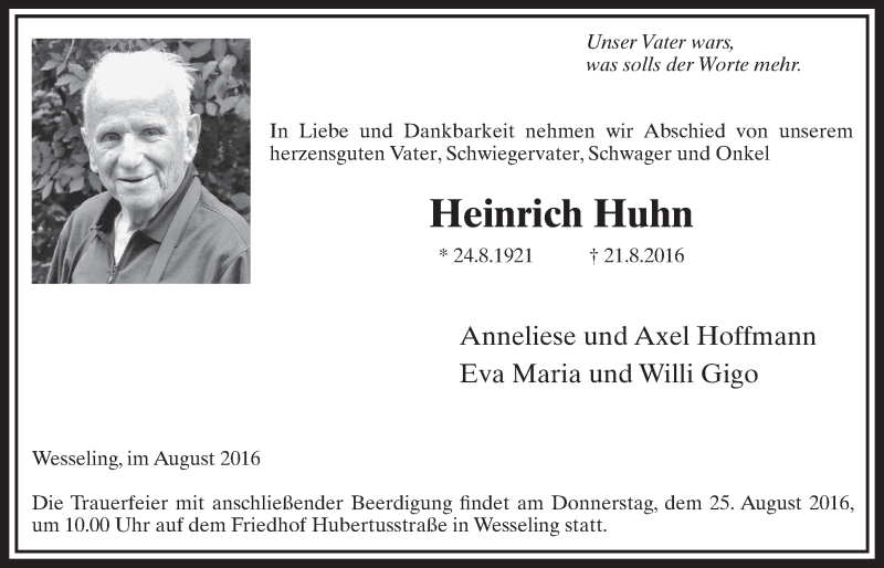  Traueranzeige für Heinrich Huhn vom 24.08.2016 aus  Schlossbote/Werbekurier 