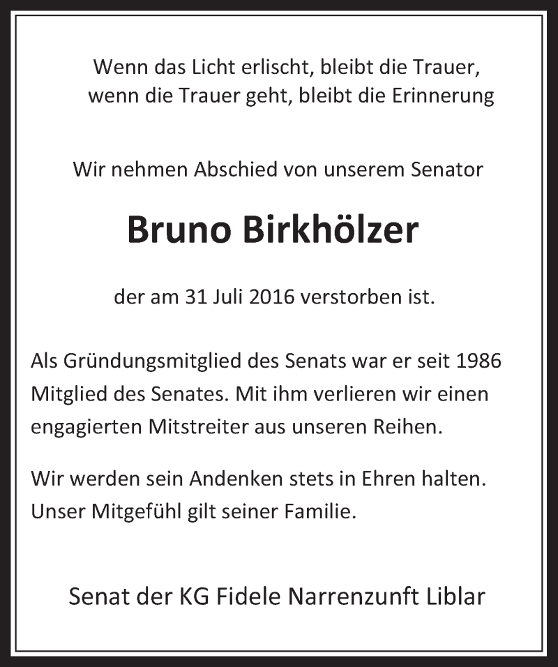  Traueranzeige für Bruno Birkhölzer vom 10.08.2016 aus  Werbepost 