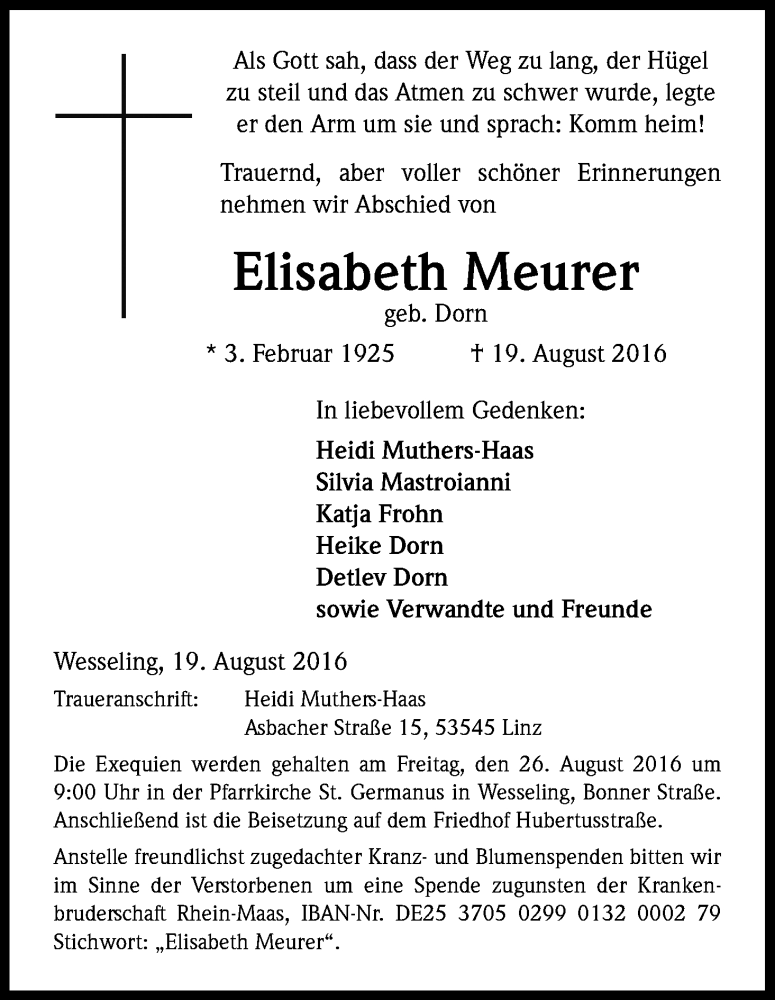  Traueranzeige für Elisabeth Meurer vom 23.08.2016 aus Kölner Stadt-Anzeiger / Kölnische Rundschau / Express