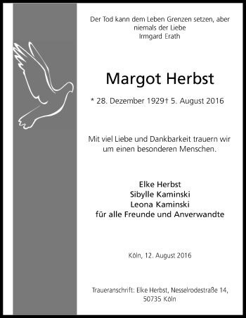 Anzeige von Margot Herbst von Kölner Stadt-Anzeiger / Kölnische Rundschau / Express