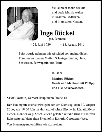 Anzeige von Inge Röckel von Kölner Stadt-Anzeiger / Kölnische Rundschau / Express
