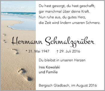 Anzeige von Hermann Schmalzgrüber von  Bergisches Sonntagsblatt 