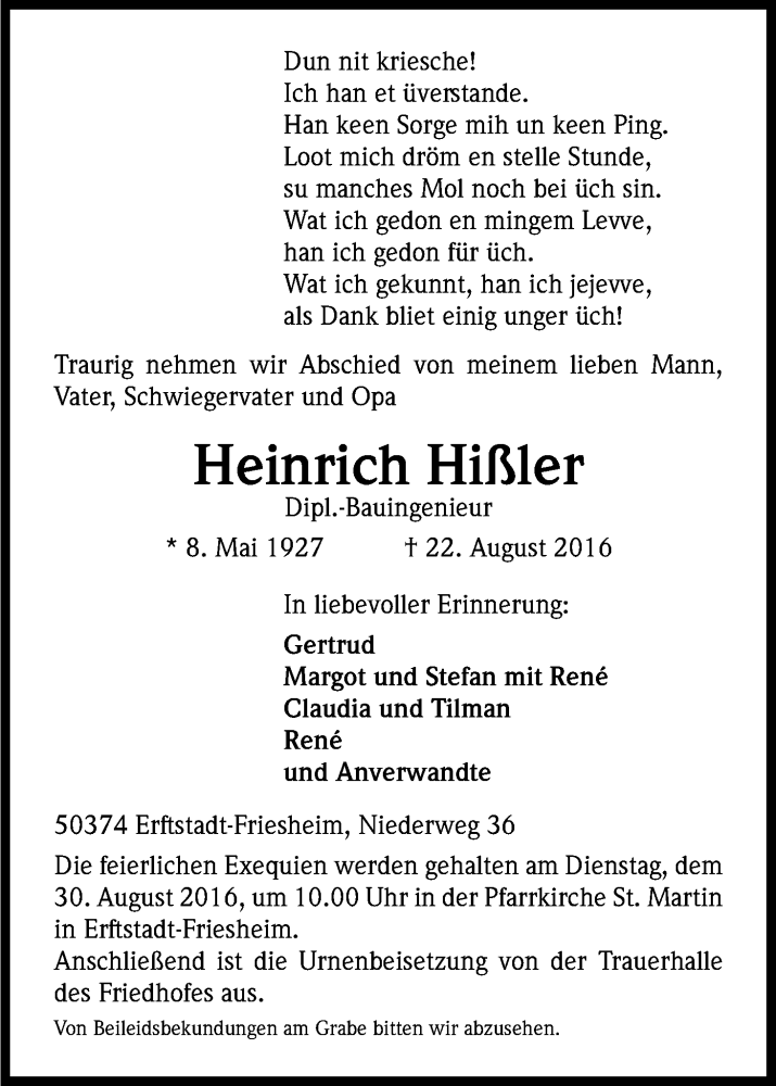  Traueranzeige für Heinrich Hißler vom 27.08.2016 aus Kölner Stadt-Anzeiger / Kölnische Rundschau / Express