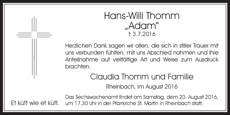  Traueranzeige für Hans-Willi Thomm vom 17.08.2016 aus  Schaufenster/Blickpunkt 