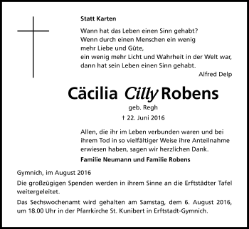 Anzeige von Cäcilia Robens von Kölner Stadt-Anzeiger / Kölnische Rundschau / Express