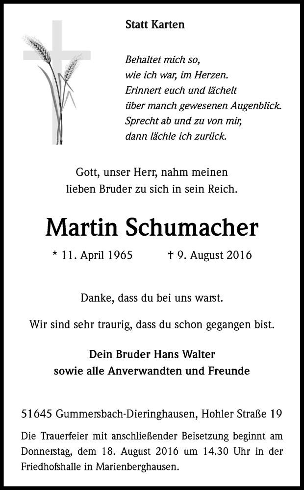  Traueranzeige für Martin Schumacher vom 13.08.2016 aus Kölner Stadt-Anzeiger / Kölnische Rundschau / Express