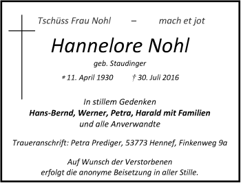 Anzeige von Hannelore Nohl von  Extra Blatt 