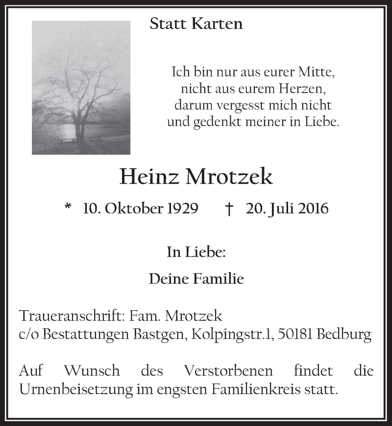  Traueranzeige für Heinz Mrotzek vom 03.08.2016 aus  Werbepost 