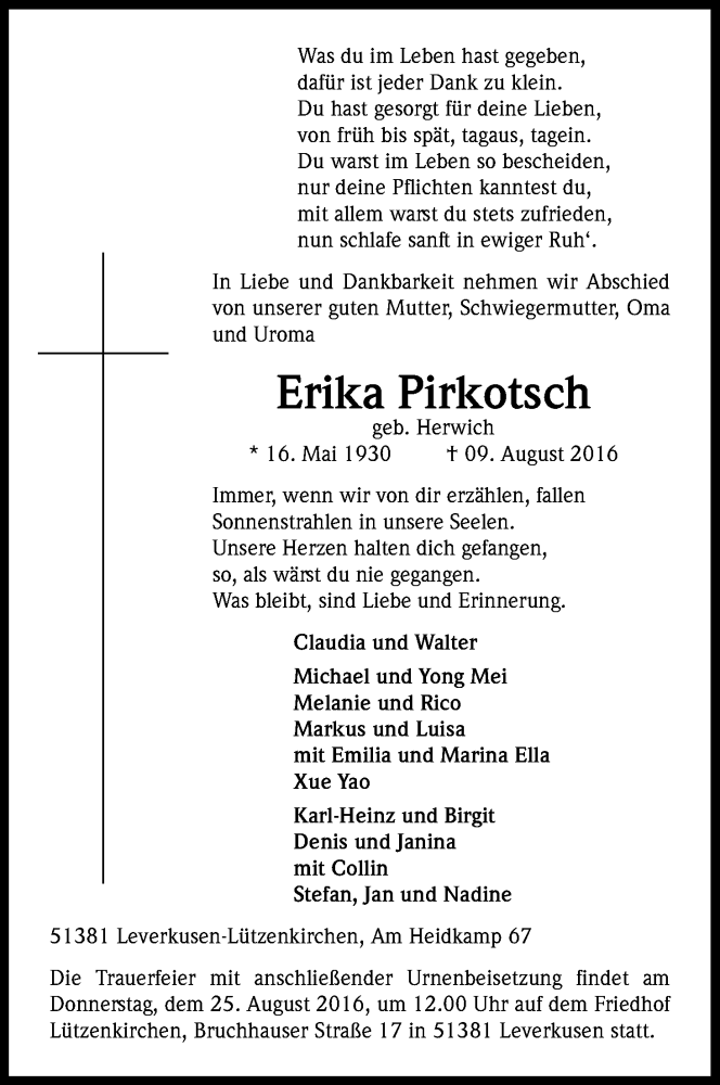  Traueranzeige für Erika Pirkotsch vom 20.08.2016 aus Kölner Stadt-Anzeiger / Kölnische Rundschau / Express