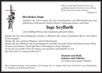 Anzeige von Inge Seyffarth von  Schaufenster/Blickpunkt 