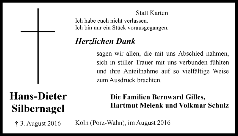  Traueranzeige für Hans-Dieter Silbernagel vom 31.08.2016 aus  Kölner Wochenspiegel 