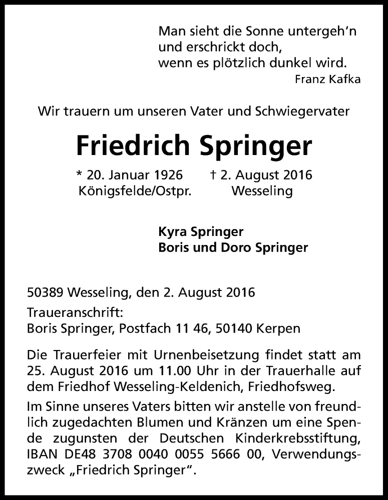  Traueranzeige für Friedrich Springer vom 13.08.2016 aus Kölner Stadt-Anzeiger / Kölnische Rundschau / Express