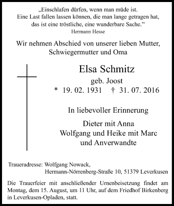 Anzeige von Elsa Schmitz von Kölner Stadt-Anzeiger / Kölnische Rundschau / Express