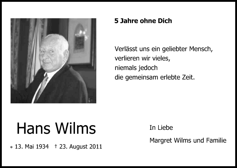  Traueranzeige für Hans Wilms vom 20.08.2016 aus Kölner Stadt-Anzeiger / Kölnische Rundschau / Express