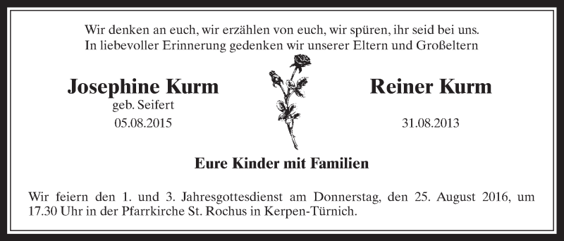  Traueranzeige für Josephine Kurm vom 17.08.2016 aus  Werbepost 