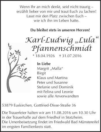 Anzeige von Karl-Ludwig Pfannenschmidt von  Blickpunkt Euskirchen 