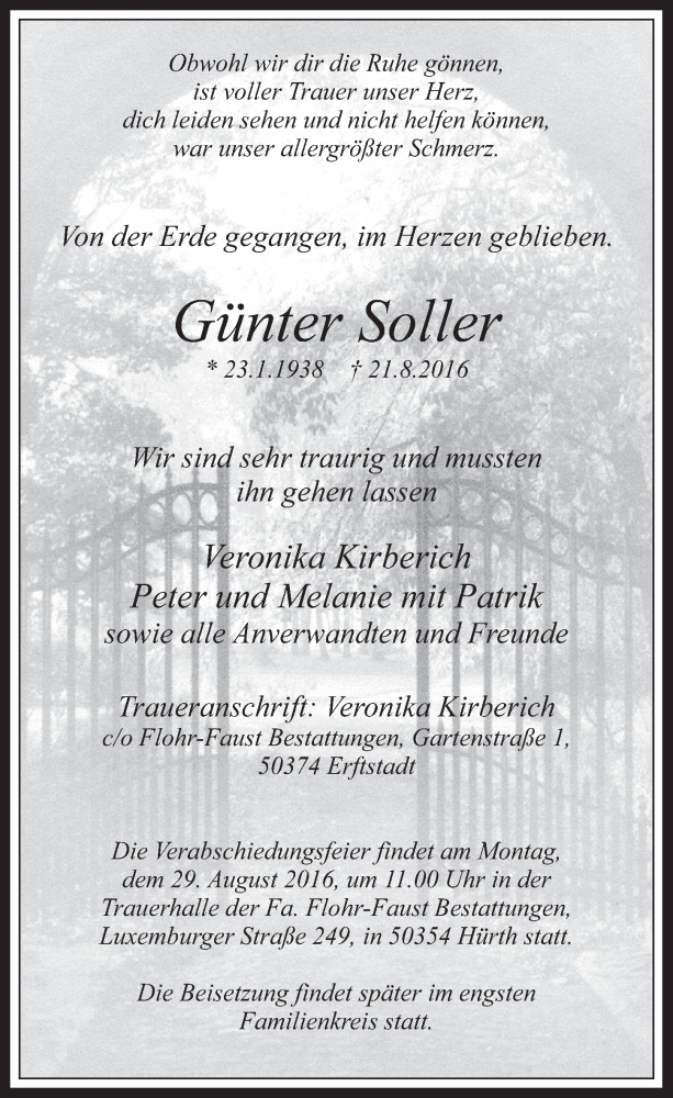  Traueranzeige für Günter Soller vom 24.08.2016 aus  Werbepost 