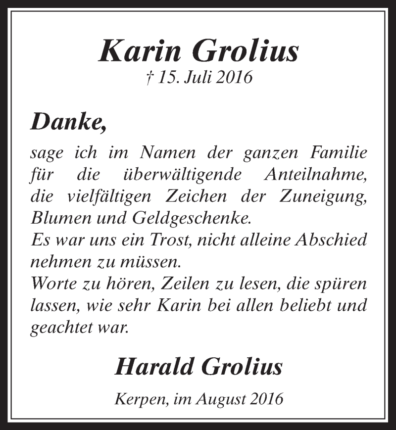  Traueranzeige für Karin Grolius vom 03.08.2016 aus  Werbepost 