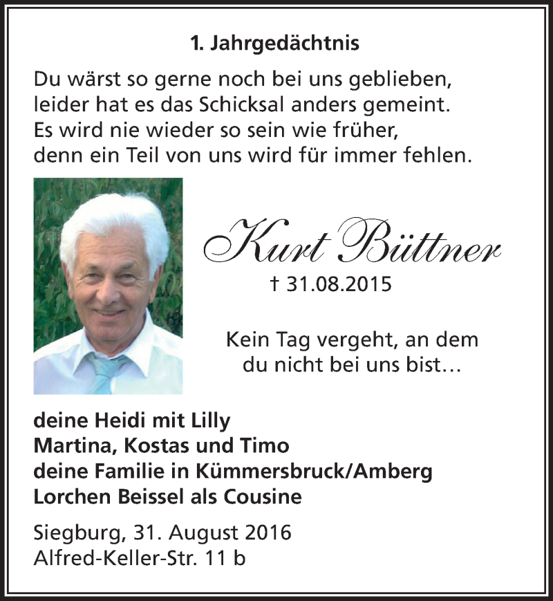  Traueranzeige für Kurt Büttner vom 31.08.2016 aus  Extra Blatt 