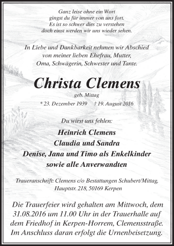 Anzeige von Christa Clemens von  Sonntags-Post 
