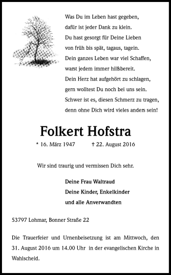 Anzeige von Folkert Hofstra von Kölner Stadt-Anzeiger / Kölnische Rundschau / Express