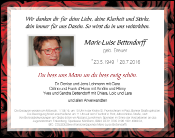 Anzeige von Marie-Luise Bettendorff von Kölner Stadt-Anzeiger / Kölnische Rundschau / Express