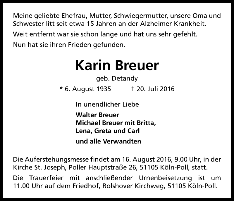  Traueranzeige für Karin Breuer vom 06.08.2016 aus Kölner Stadt-Anzeiger / Kölnische Rundschau / Express