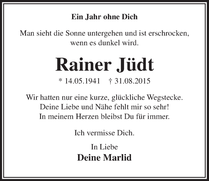  Traueranzeige für Rainer Jüdt vom 31.08.2016 aus  Lokalanzeiger 