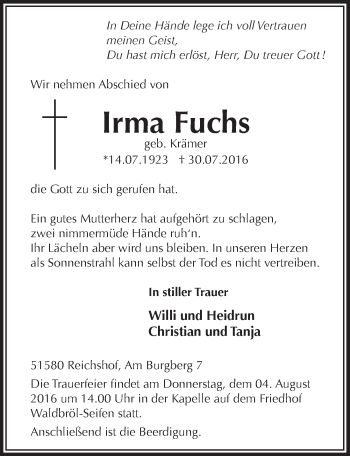 Anzeige von Irma Fuchs von  Lokalanzeiger 