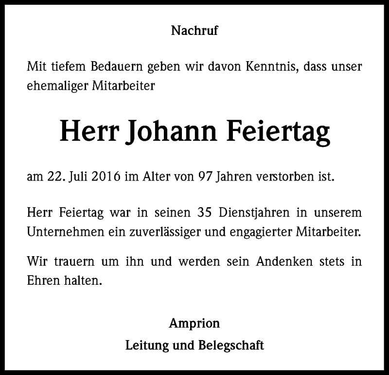  Traueranzeige für Johann Feiertag vom 03.08.2016 aus Kölner Stadt-Anzeiger / Kölnische Rundschau / Express