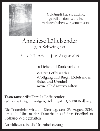 Anzeige von Anneliese Löffelsender von  Bergisches Sonntagsblatt 