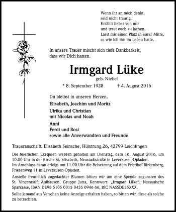 Anzeige von Irmgard Lüke von Kölner Stadt-Anzeiger / Kölnische Rundschau / Express
