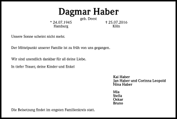 Anzeige von Dagmar Haber von Kölner Stadt-Anzeiger / Kölnische Rundschau / Express