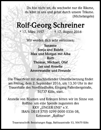 Anzeige von Rolf-Georg Schreiner von Kölner Stadt-Anzeiger / Kölnische Rundschau / Express