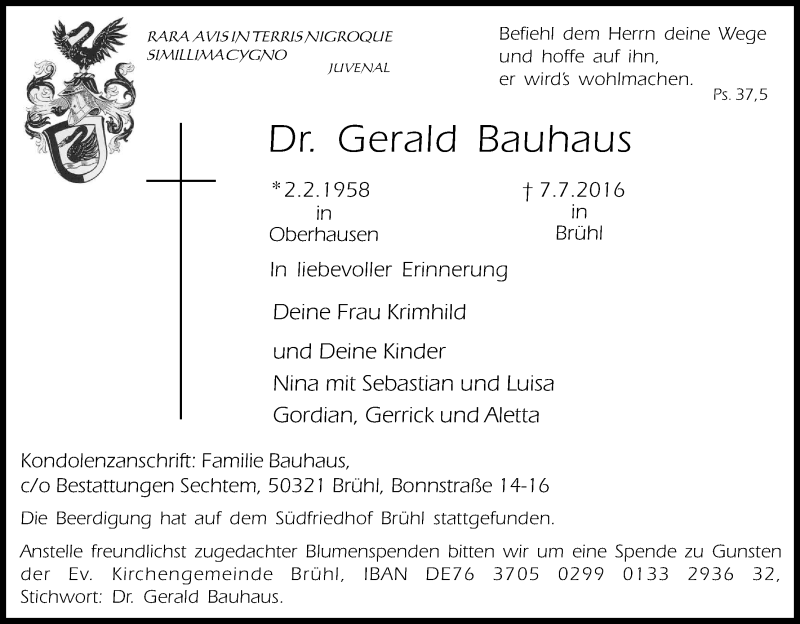  Traueranzeige für Gerald Bauhaus vom 13.07.2016 aus Kölner Stadt-Anzeiger / Kölnische Rundschau / Express