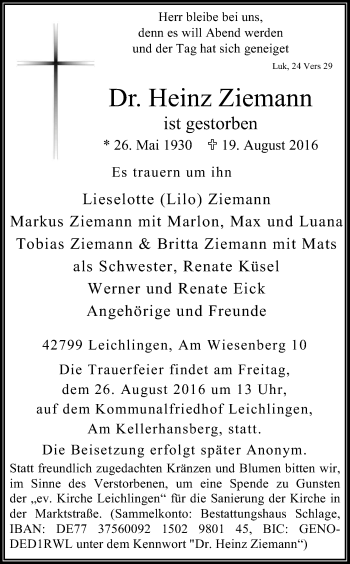 Anzeige von Heinz Ziemann von Kölner Stadt-Anzeiger / Kölnische Rundschau / Express