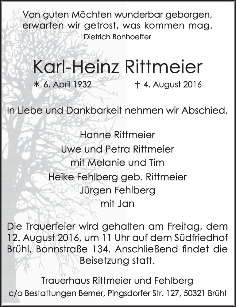  Traueranzeige für Karl-Heinz Rittmeier vom 10.08.2016 aus  Schlossbote/Werbekurier 