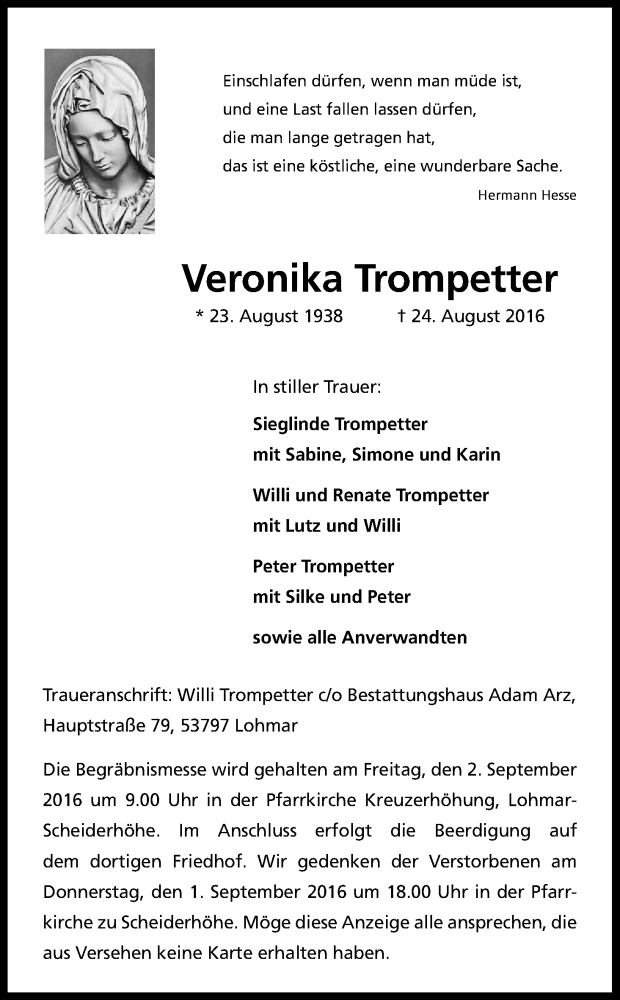  Traueranzeige für Veronika Trompetter vom 27.08.2016 aus Kölner Stadt-Anzeiger / Kölnische Rundschau / Express