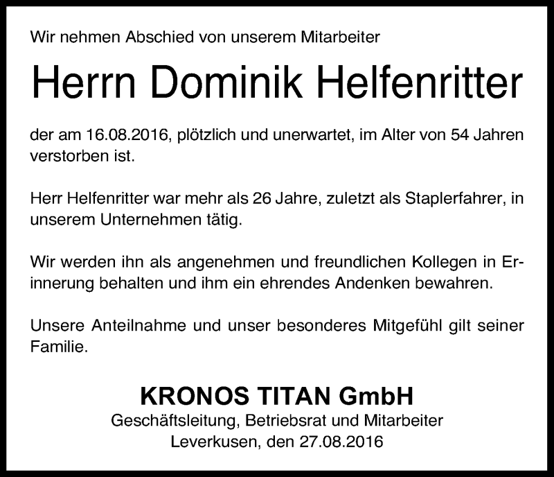  Traueranzeige für Dominik Helfenritter vom 27.08.2016 aus Kölner Stadt-Anzeiger / Kölnische Rundschau / Express