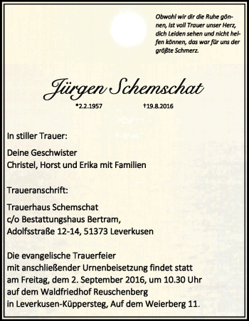 Anzeige von Jürgen Schemschat von Kölner Stadt-Anzeiger / Kölnische Rundschau / Express
