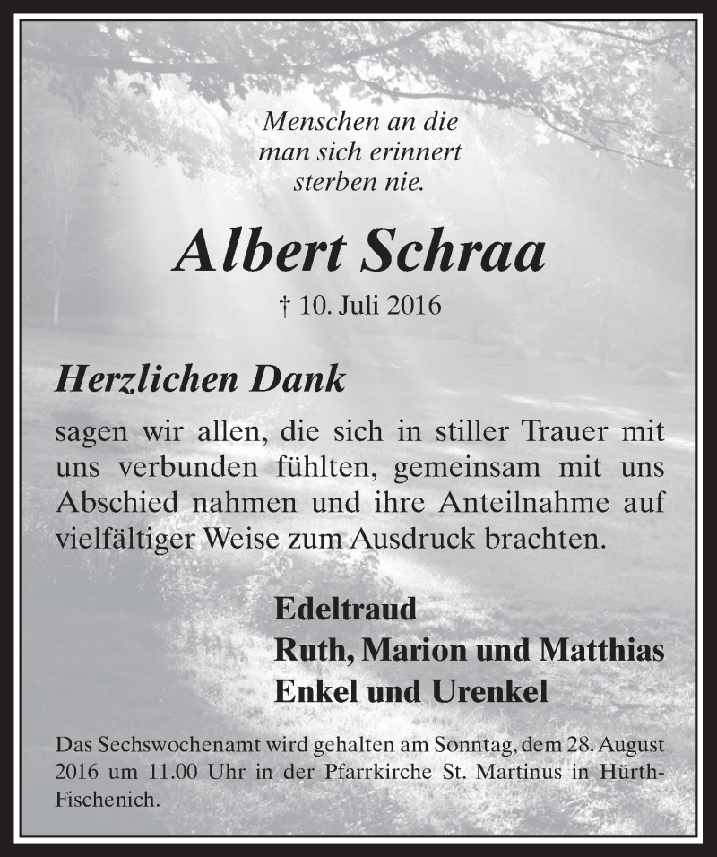  Traueranzeige für Albert Schraa vom 24.08.2016 aus  Wochenende 