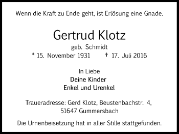 Anzeige von Gertrud Klotz von Kölner Stadt-Anzeiger / Kölnische Rundschau / Express