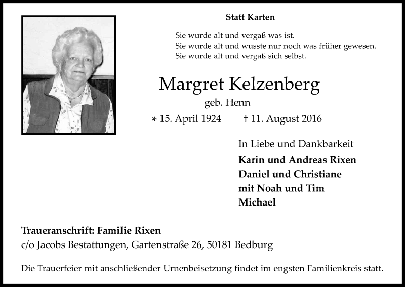  Traueranzeige für Margret Kelzenberg vom 24.08.2016 aus Kölner Stadt-Anzeiger / Kölnische Rundschau / Express